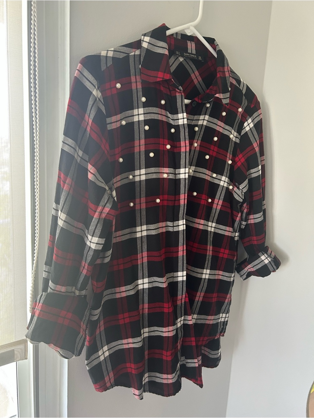 Zara Red, Black & White Plaid Studded Button-Down Shirt